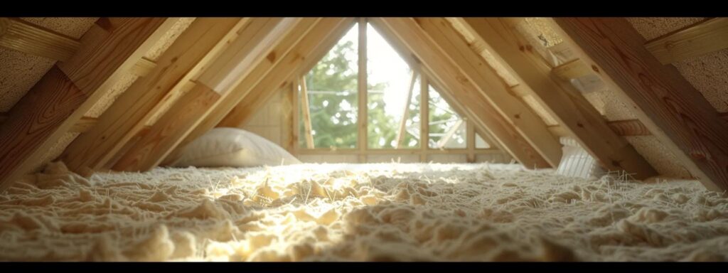 a detailed, photorealistic interior view of a well-insulated attic showcasing modern insulation materials against a backdrop of clean, neutral tones, emphasized by soft lighting that highlights the architectural features and depth of the space.